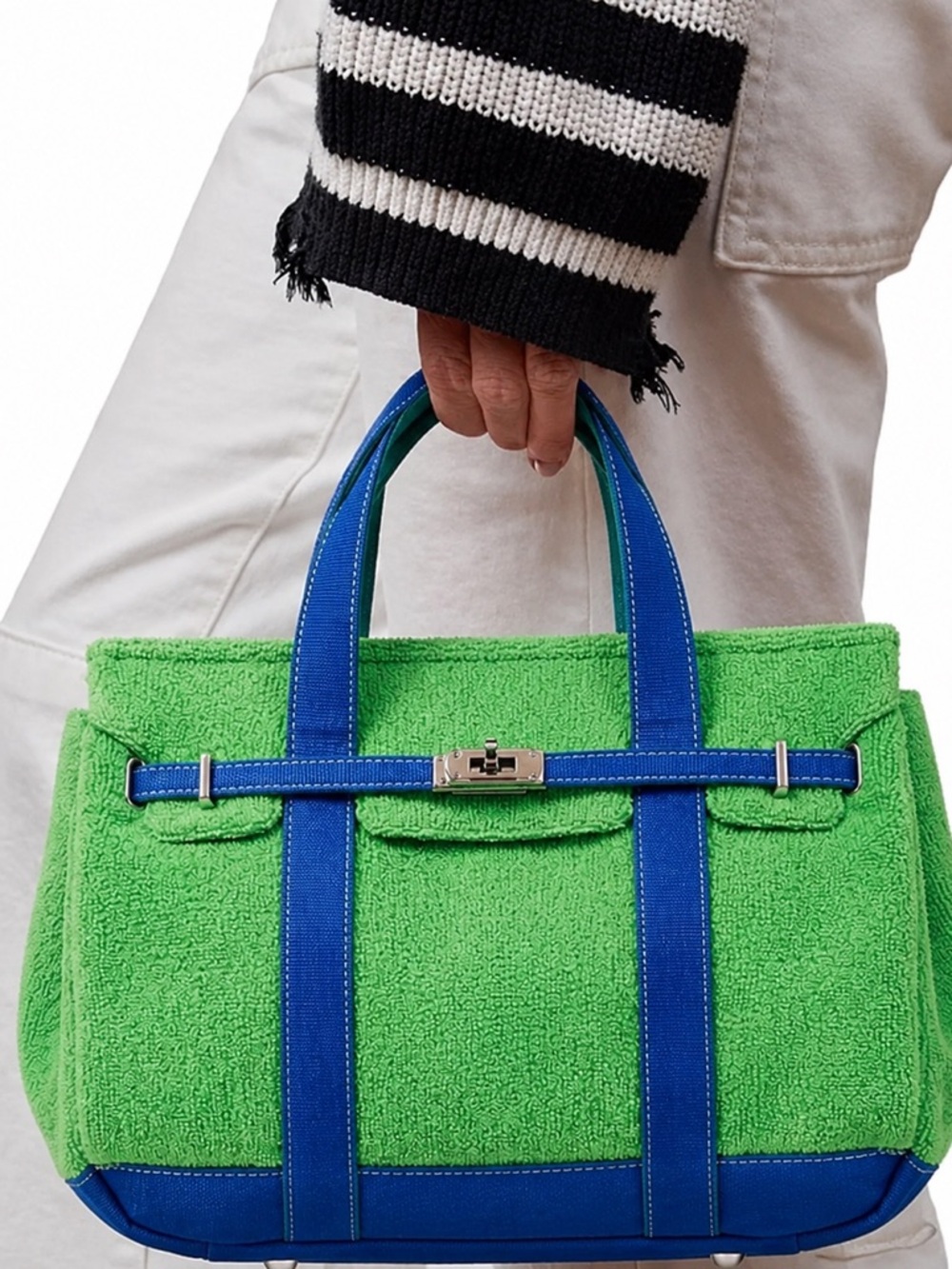 SUNWIN Boatkin Green and Blue Contrast Terry Birkin Tote Bag Top Handles